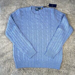 $398 Polo Ralph Lauren The Iconic Cable Knit Cashmere Sweater SZ Large Men Blue